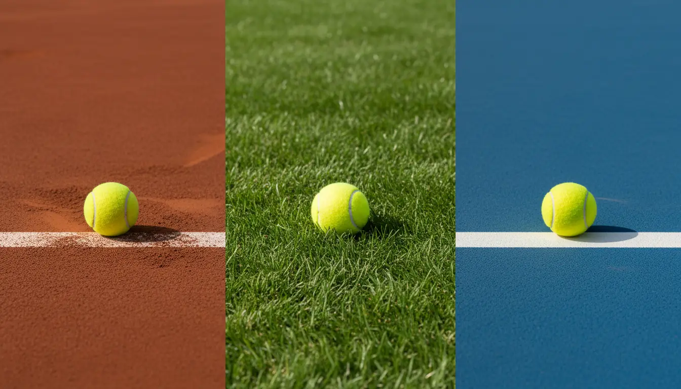Tres pelotas de tenis sobre tres superficies diferentes: tierra batida, hierba y pista dura