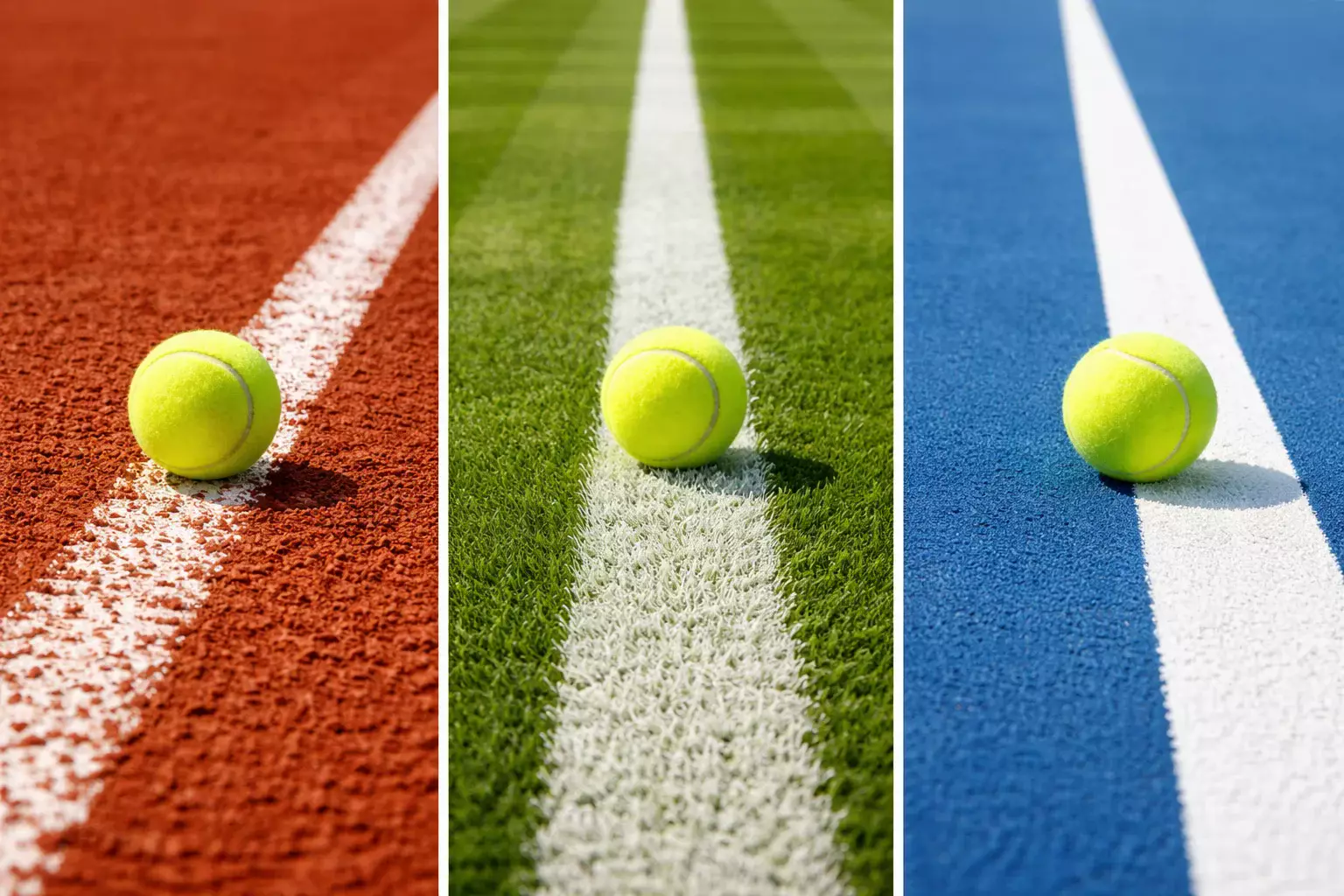 Comparativa visual de pista de tierra batida, hierba y pista dura de tenis
